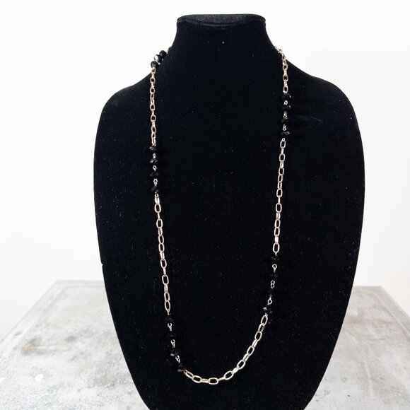 Jewelry - Black Beaded Silver Chain Necklace Long One Strand